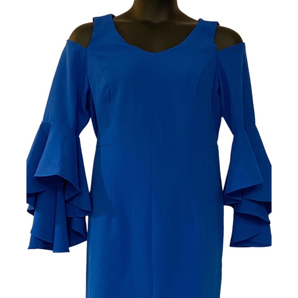 Midnight Velvet Blue Cold Shoulder Bell Sleeve Dress - Picture 10 of 16